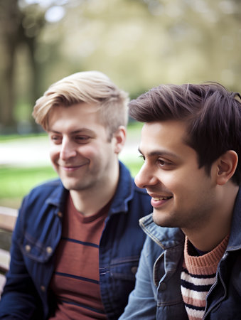Two young men sitting on a bench in the park, smiling.の素材