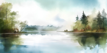 Foggy morning on the lake. Digital watercolor painting.の素材