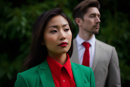 Portrait of a beautiful Asian woman in a green jacket with a red tie and a handsome man in a red suitの素材