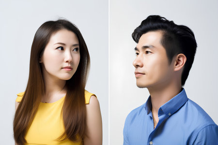Before and after retouching of young asian man and womanの素材