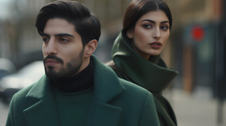 Beautiful young woman in a green coat and a bearded man in a green coat in the cityの素材