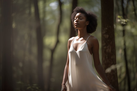 Beautiful african american woman in white dress posing in forestの素材