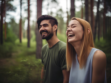 Happy couple in love walking in pine forest. Smiling man and woman enjoying nature.の素材