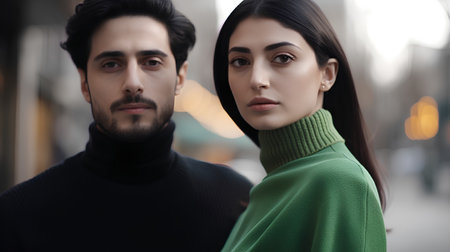 Portrait of a beautiful young couple in the city, looking at cameraの素材