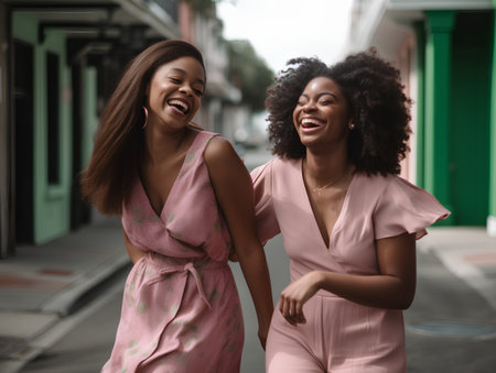 Photo pour Portrait of two african american women laughing together in the street. - image libre de droit