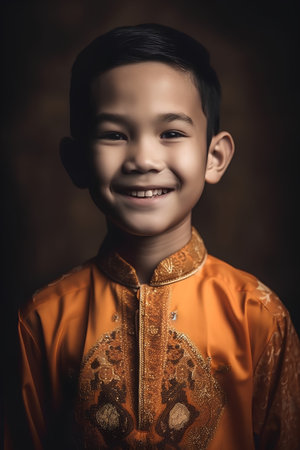 Asian boy in traditional clothes smiling and looking at camera, studio shotの素材
