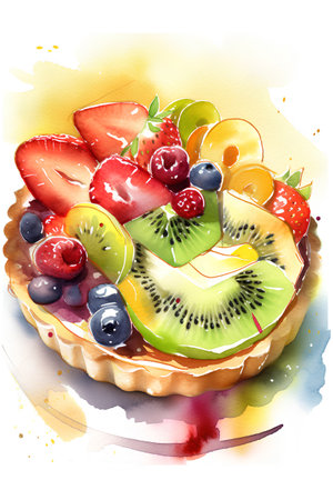 Watercolor fruit tart with kiwi, strawberries, blueberries and grapesの素材