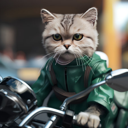 Cute british shorthair cat in a green leather jacketの素材