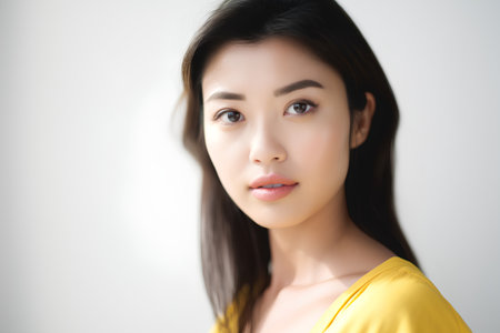 portrait of beautiful asian young woman with yellow t-shirtの素材