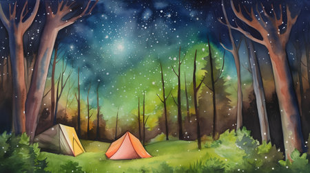 Watercolor forest scene with tent and trees. Illustration for childrenの素材