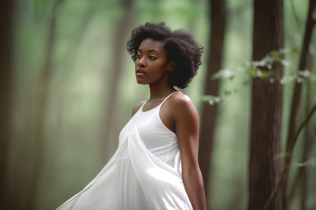 Beautiful african american woman in white dress posing in the forestの素材