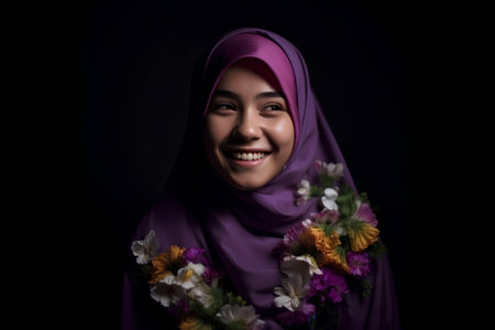 Portrait of Asian muslim woman with flower bouquet on black backgroundの素材