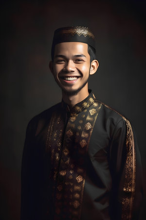 Portrait of a handsome young asian muslim man wearing traditional clothesの素材
