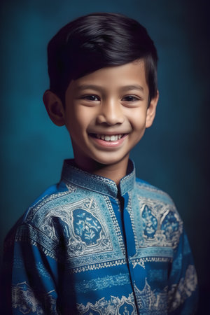Portrait of a happy asian little boy in traditional indian costumeの素材