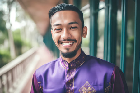 Portrait of a handsome asian man with traditional costume in the cityの素材