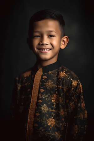 Portrait of a cute asian boy in traditional clothes on black backgroundの素材