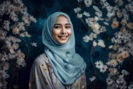 Portrait of beautiful muslim woman wearing hijab with flowers in backgroundの素材