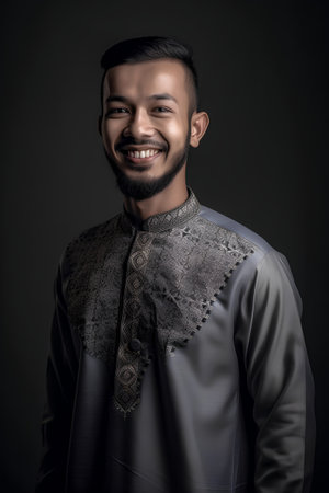 Portrait of a handsome young indian man over dark background.の素材