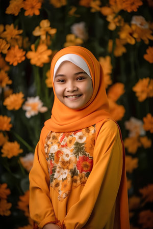 Portrait of a cute Asian muslim girl with flower background.の素材
