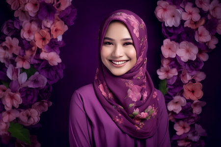 Beautiful asian muslim woman wearing hijab with flowers background.の素材