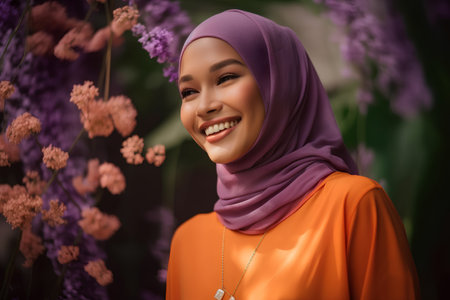 Hijab woman smiling at the camera with purple flowers in backgroundの素材
