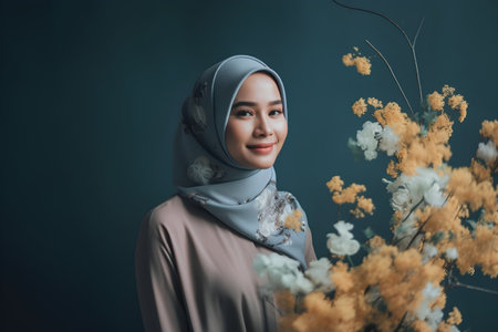 Portrait of beautiful asian muslim woman wearing hijab with flowersの素材