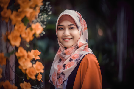 Portrait of a beautiful Asian muslim woman wearing hijab with flower backgroundの素材