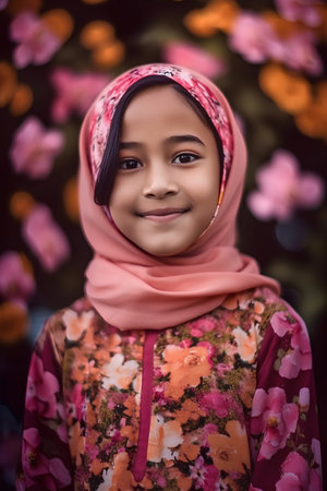 Portrait of muslim girl wearing pink hijab with flower background.の素材
