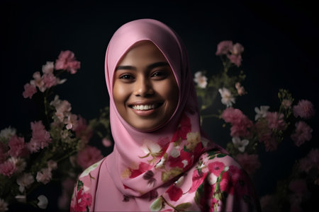 Portrait of a young muslim woman with pink hijab and flowersの素材