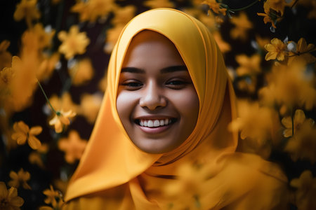 Portrait of beautiful young muslim woman in yellow hijab smiling and looking at cameraの素材