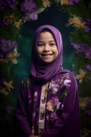 Beautiful Asian muslim girl wearing a purple hijab with flower backgroundの素材