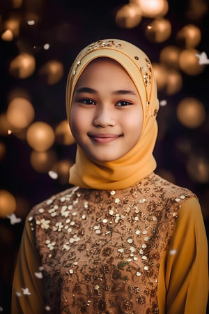 Portrait of a beautiful muslim woman wearing hijab with bokeh backgroundの素材