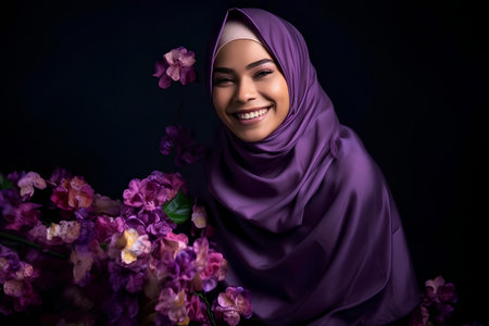Portrait of a beautiful young muslim woman with purple hijab and flowersの素材