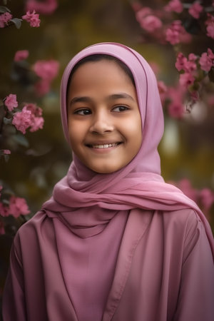 Portrait of a beautiful young muslim girl in pink hijab smilingの素材