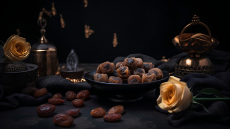 Dried date fruits on black background. Ramadan Kareem concept.の素材