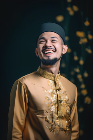 Portrait of a happy asian muslim man wearing traditional costumeの素材