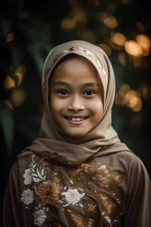 Portrait of a beautiful muslim girl with hijab smiling at cameraの素材
