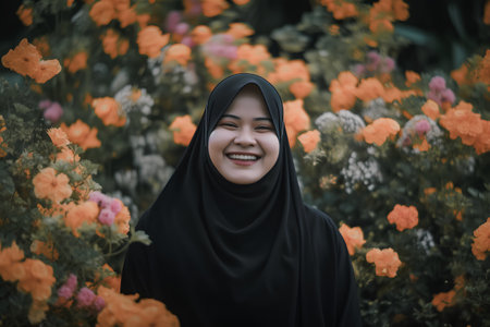 Portrait of asian muslim woman smiling with flower background.の素材