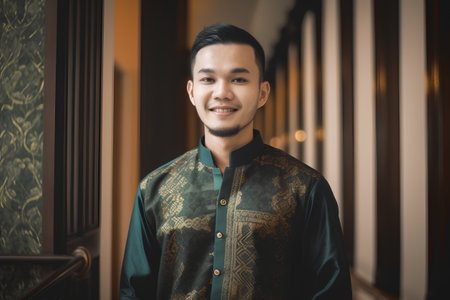 Portrait of a handsome asian muslim man wearing traditional costumeの素材