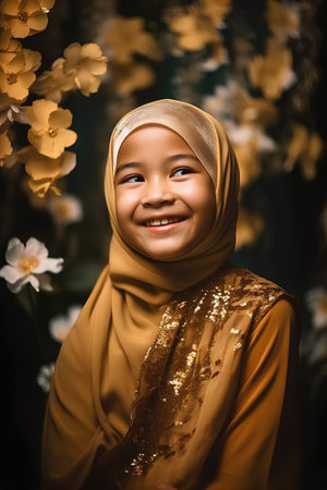 Portrait of a cute little muslim girl wearing a yellow dressの素材