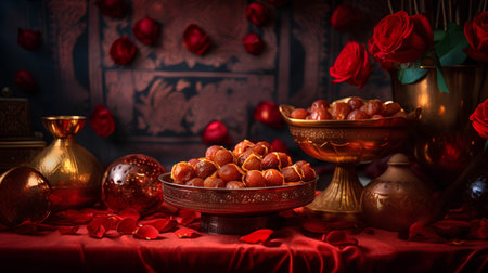 Ramadan Kareem background with dates and red rose petals.の素材