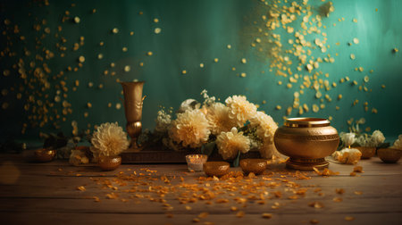 Still life with golden candlestick, candles and flowers on wooden table.の素材