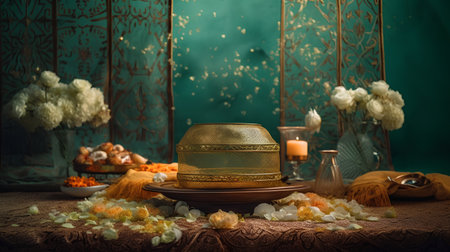 still life with candle, dried flowers and incense on the tableの素材