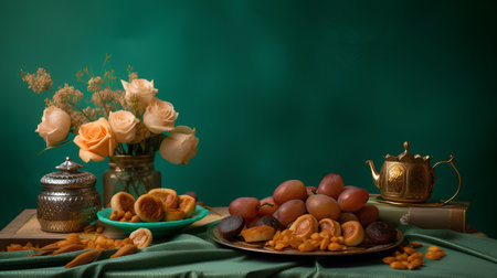 Still life with dried apricots and dates on a green backgroundの素材