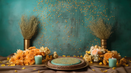 Beautiful table setting with flowers and candles on turquoise backgroundの素材