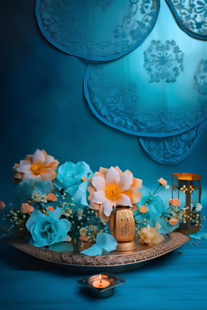 Beautiful floral composition with candles and flowers on a blue background.の素材