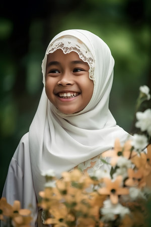 Portrait of Asian muslim girl smiling with flower in the gardenの素材