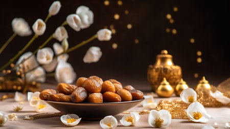 Dried dates in a bowl on a background of white flowers.の素材