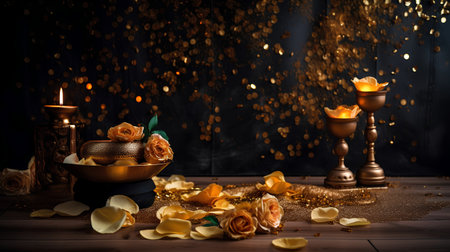 Burning candles in candlesticks with rose petals on dark backgroundの素材