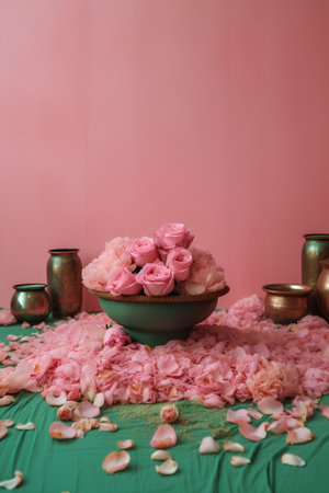 Rose petals in a bowl, candles and bowls on a green tableclothの素材